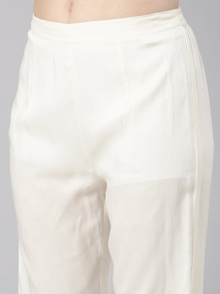 Neerus Cream Printed Straight Kurta and Trousers With Dupatta