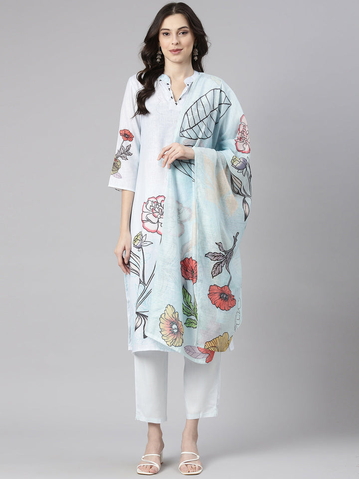 Neerus Blue Printed Straight Kurta and Trousers With Dupatta