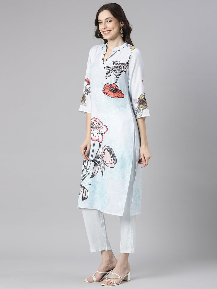 Neerus Blue Printed Straight Kurta and Trousers With Dupatta