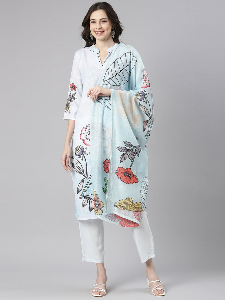 Neerus Blue Printed Straight Kurta and Trousers With Dupatta