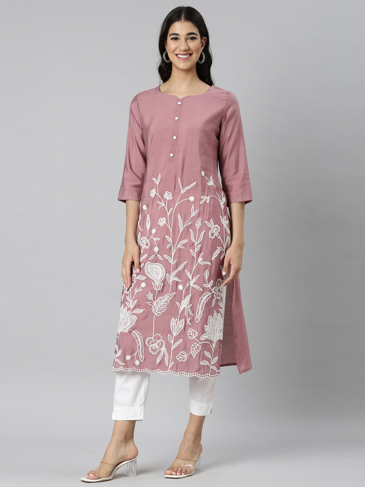 Neerus Pink Casual Solid Straight Kurtas