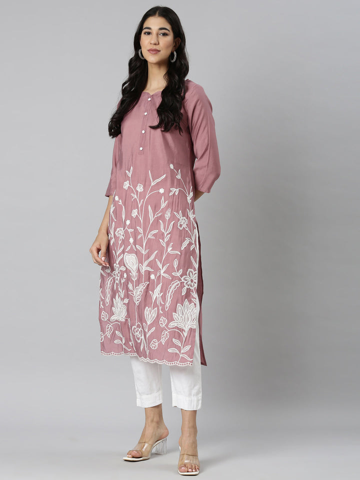Neerus Pink Casual Solid Straight Kurtas
