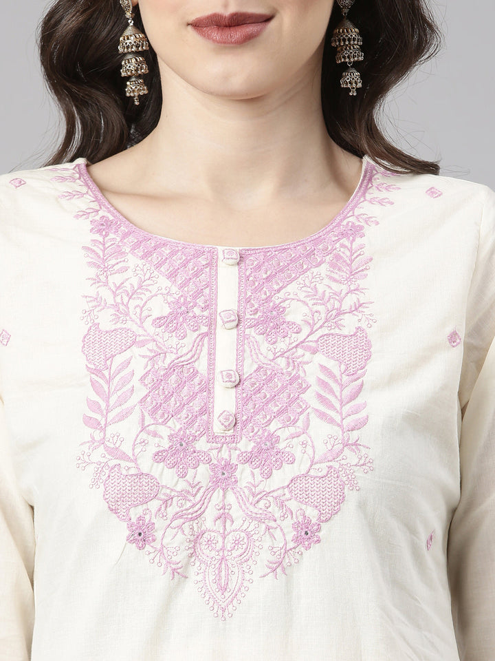 Neerus Lavender Embroidered Straight Kurta and Trousers With Dupatta