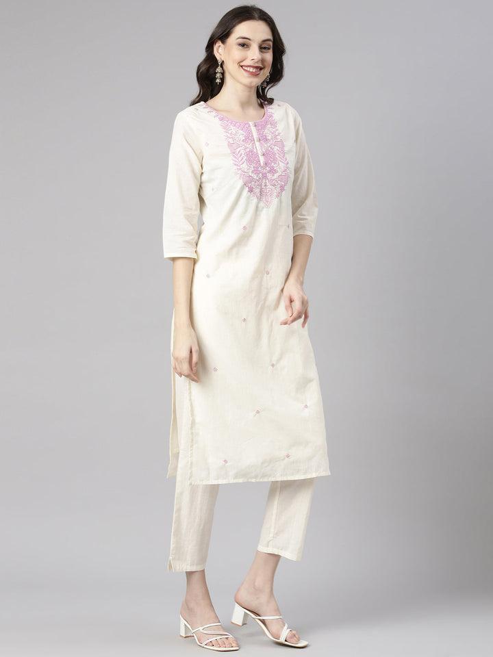 Neerus Lavender Embroidered Straight Kurta and Trousers With Dupatta