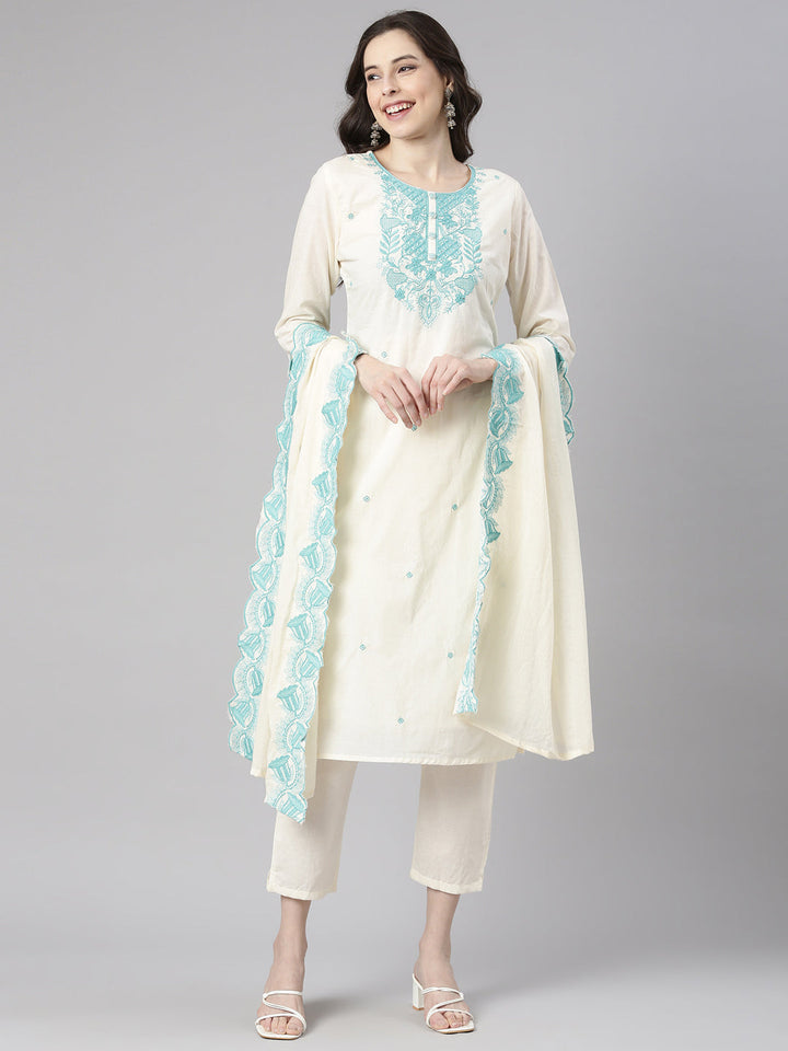 Neerus Sea Green Embroidered Straight Kurta and Trousers With Dupatta