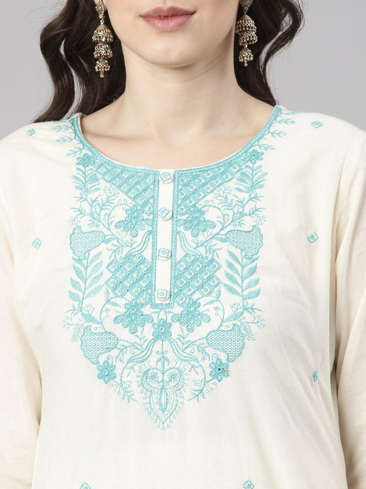 Neerus Sea Green Embroidered Straight Kurta and Trousers With Dupatta