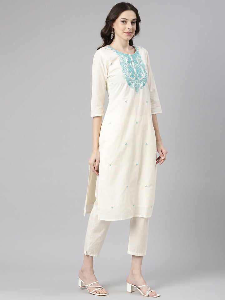 Neerus Sea Green Embroidered Straight Kurta and Trousers With Dupatta