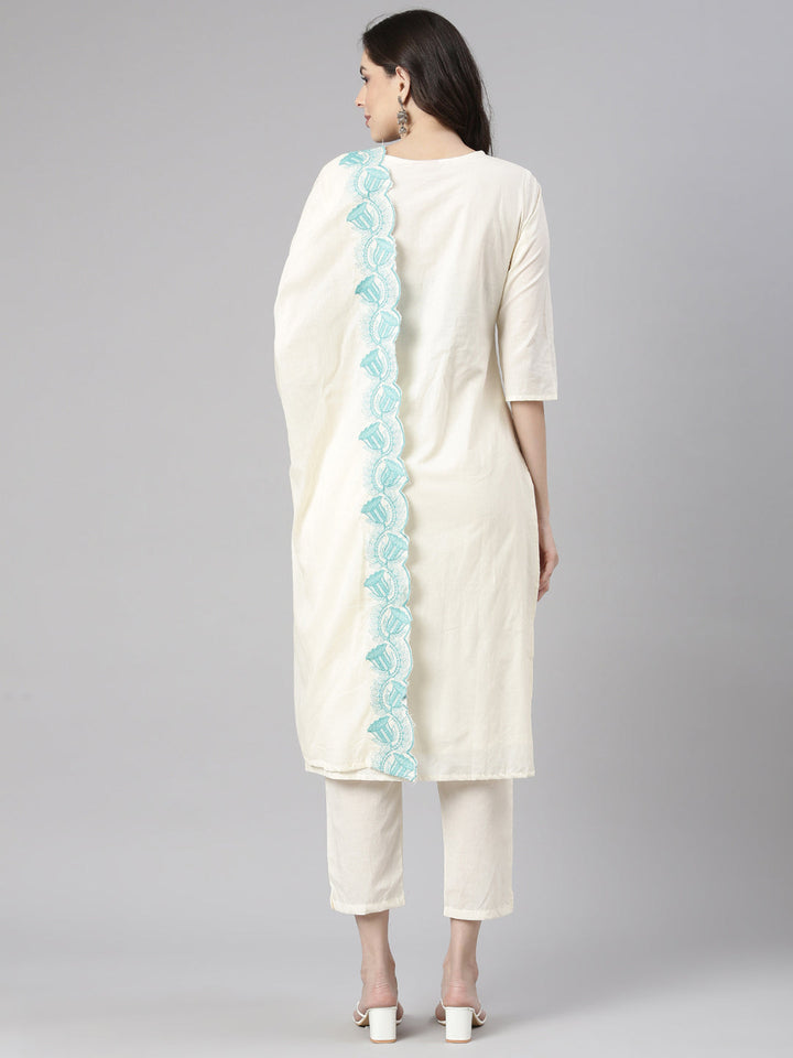 Neerus Sea Green Embroidered Straight Kurta and Trousers With Dupatta