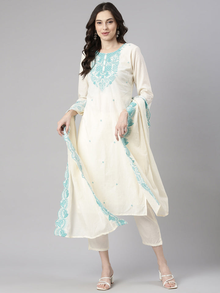 Neerus Sea Green Embroidered Straight Kurta and Trousers With Dupatta
