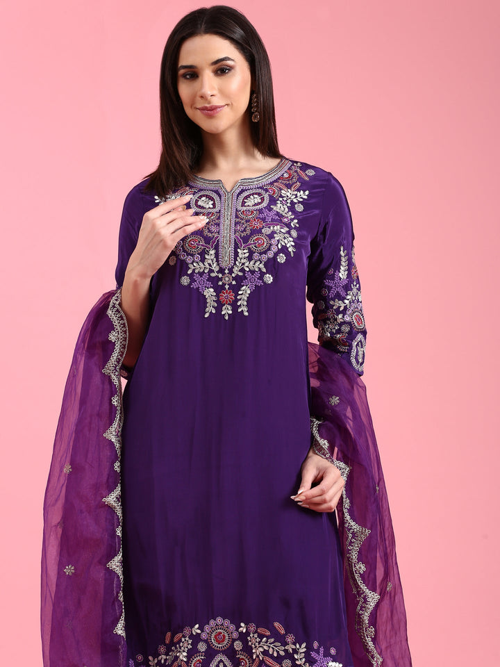 Purple Crepe Embroidery Three Piece Suit Set