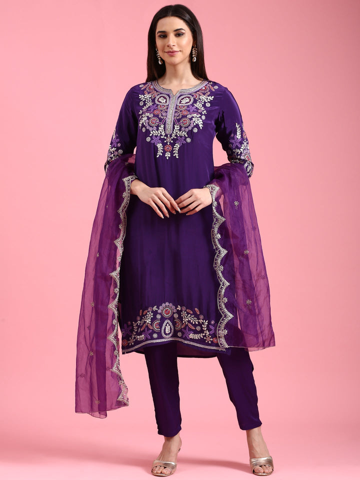 Neerus Purple crepe embroidered suit set - back view