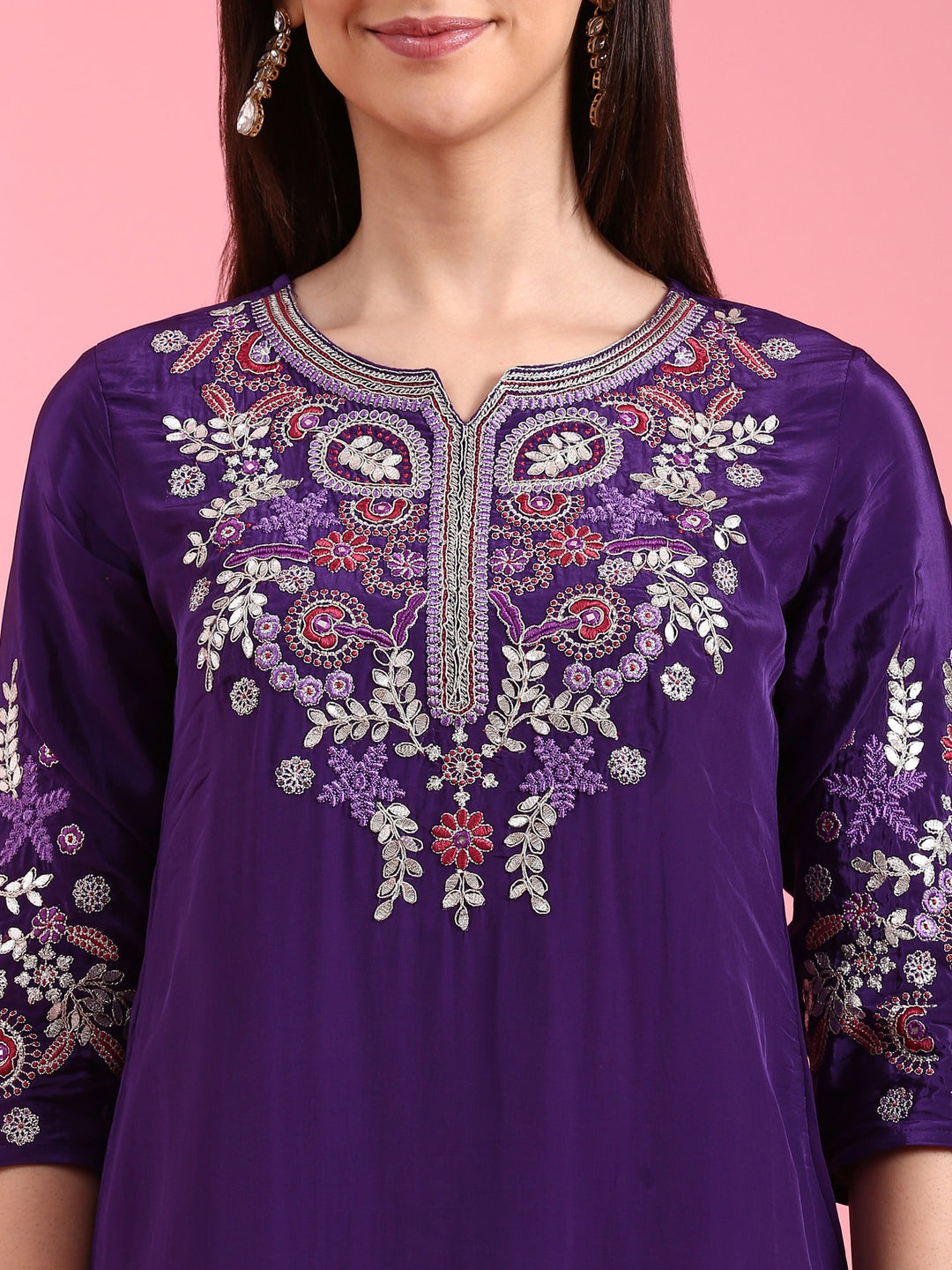 Neerus Purple crepe embroidered suit set - detail view 2