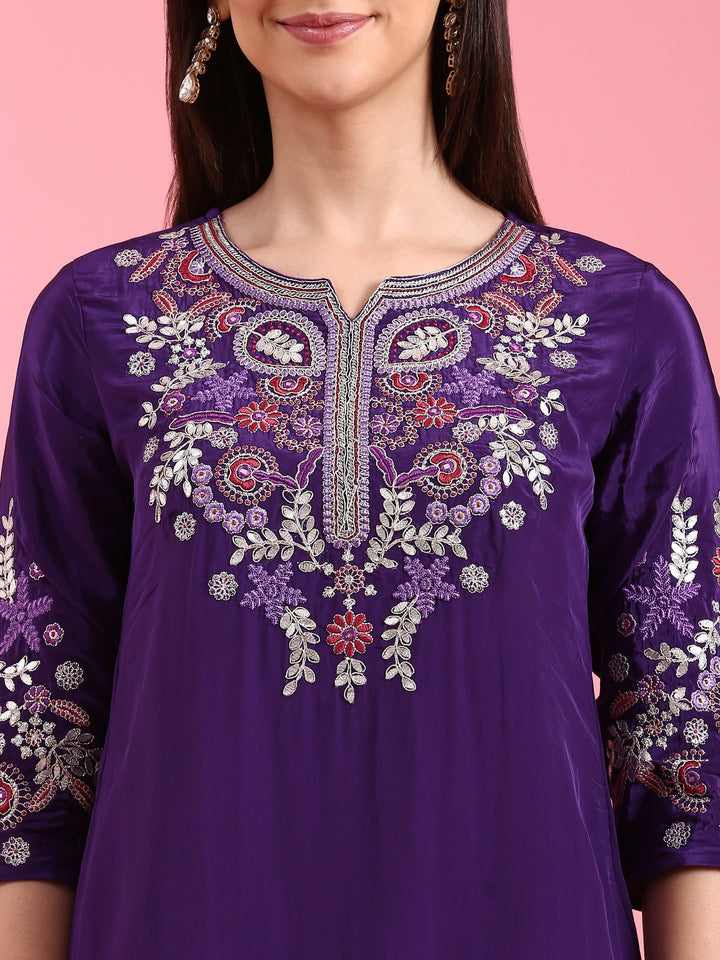 Purple Crepe Embroidery Three Piece Suit Set