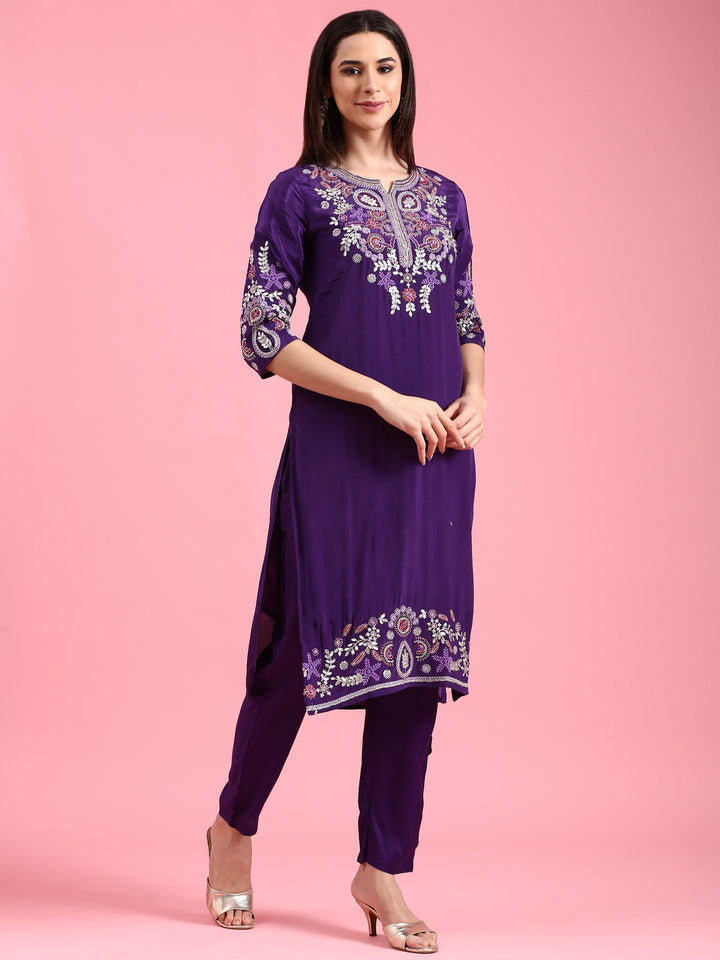 Purple Crepe Embroidery Three Piece Suit Set