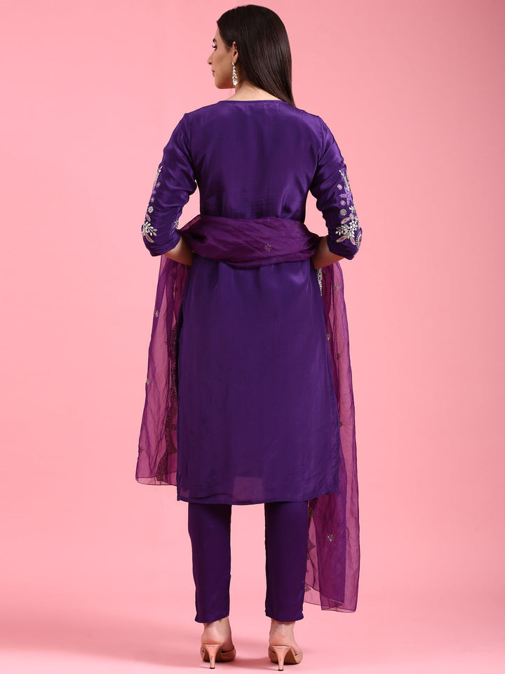 Purple Crepe Embroidery Three Piece Suit Set
