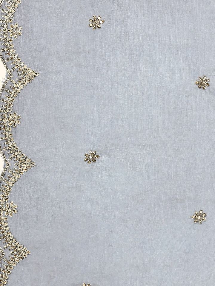 Neerus Blue crepe thread embroidered suit set with organza dupatta - detail view 5