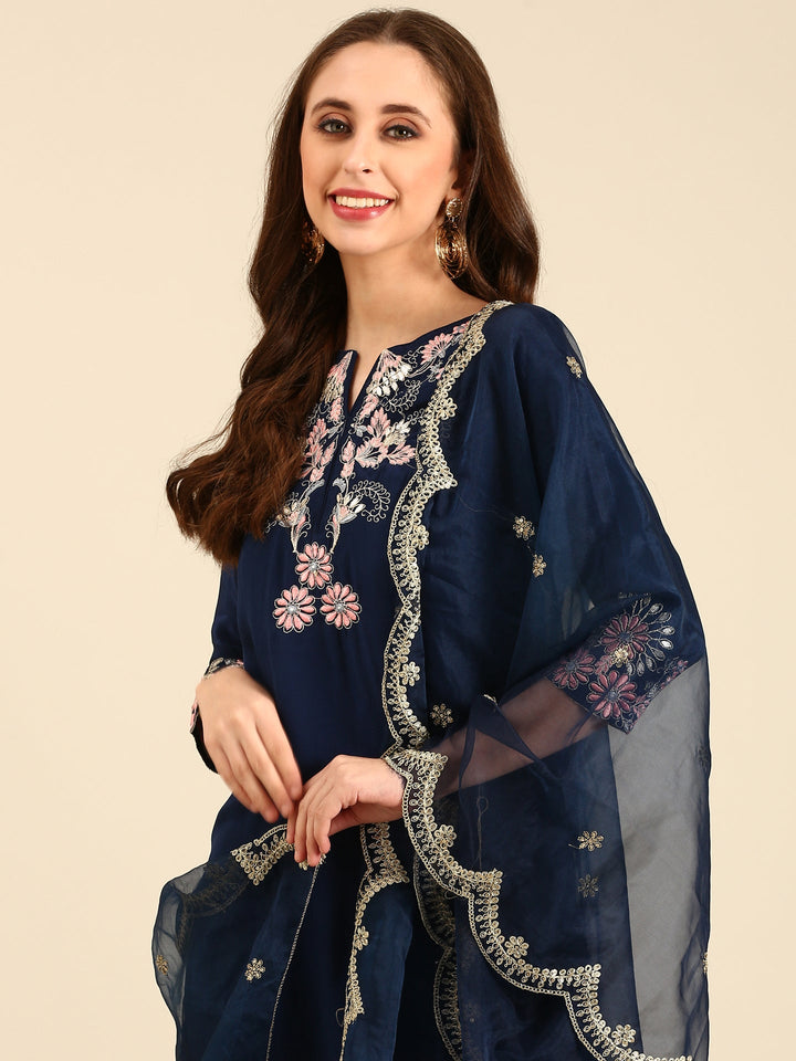 Midnight Blue thread work three piece crepe suit set with organza dupatta