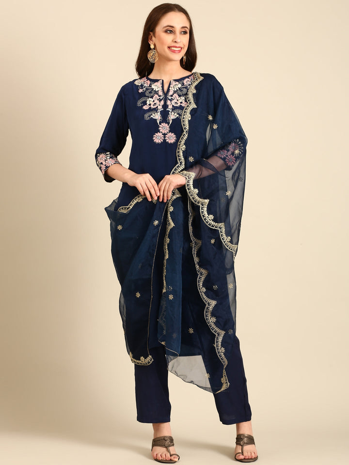 Midnight Blue thread work three piece crepe suit set with organza dupatta