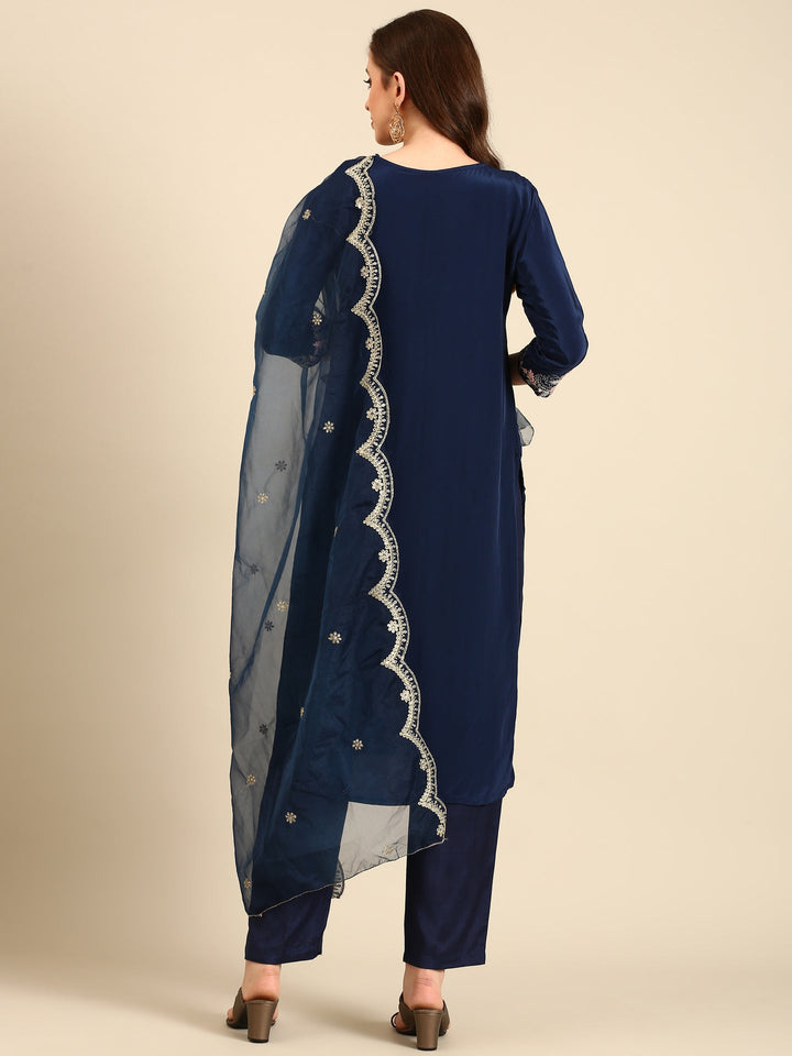 Midnight Blue thread work three piece crepe suit set with organza dupatta
