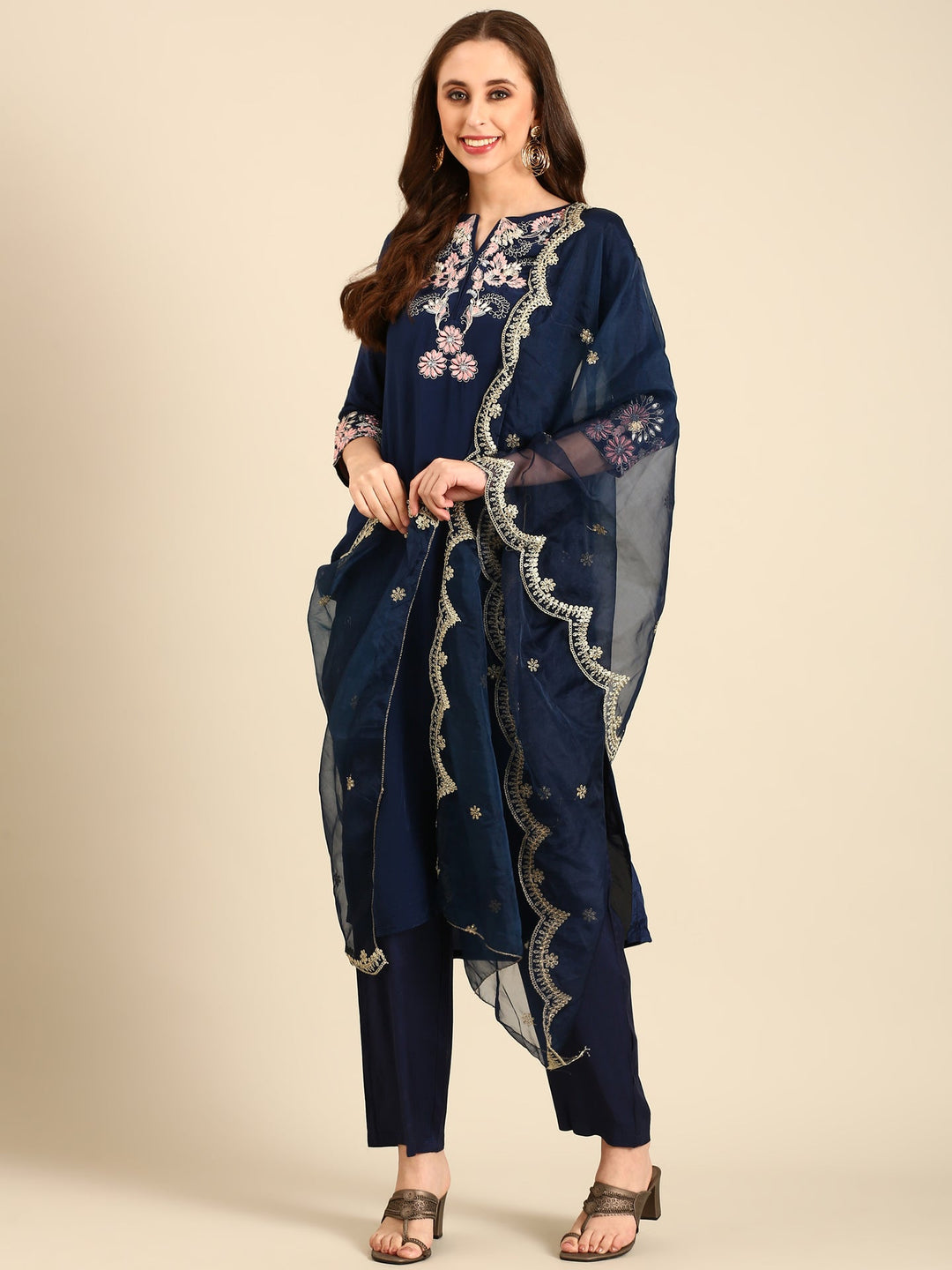 Neerus Blue crepe thread embroidered suit set with organza dupatta - front view