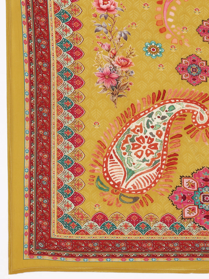 Mustard Crepe Printed Three Piece Suit Set