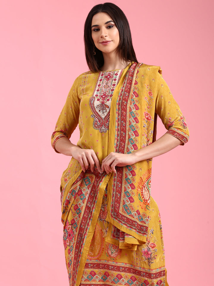 Mustard Crepe Printed Three Piece Suit Set