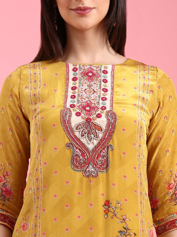 Mustard Crepe Printed Three Piece Suit Set