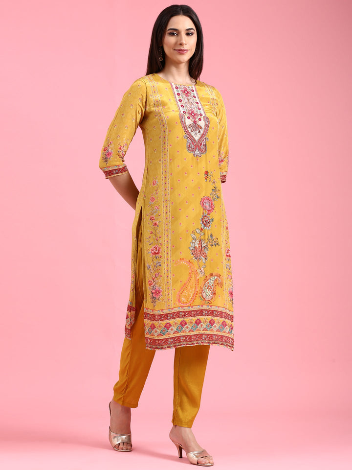 Mustard Crepe Printed Three Piece Suit Set
