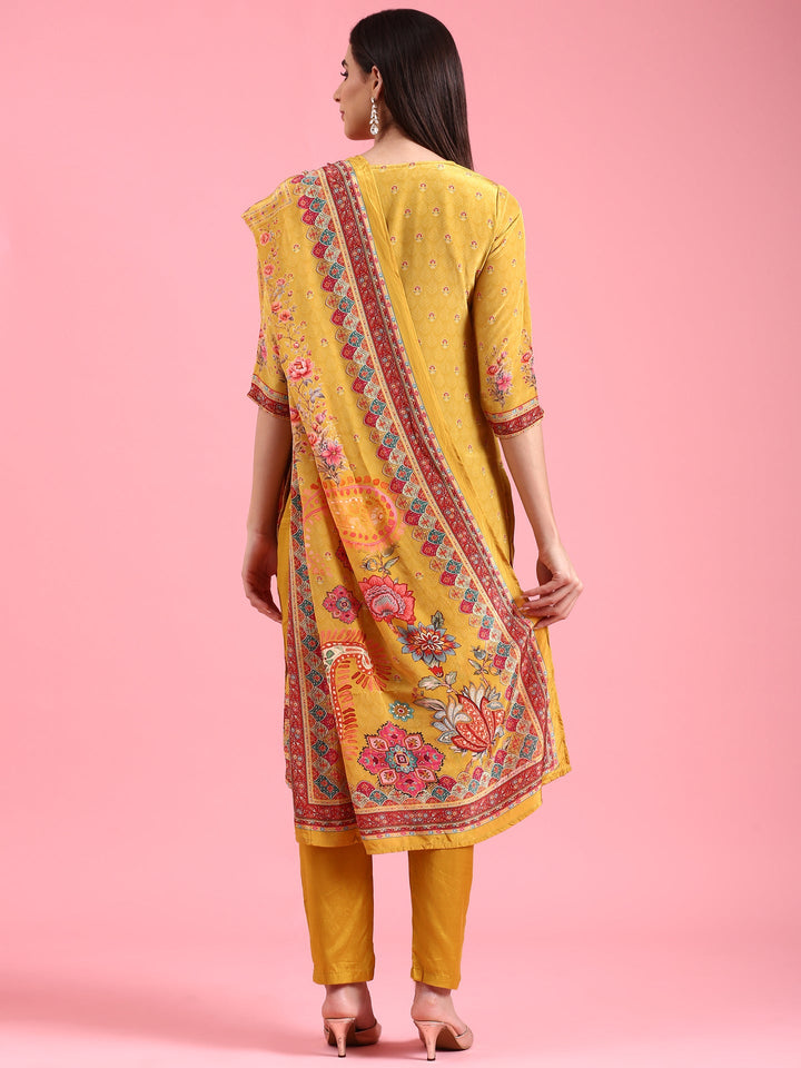 Mustard Crepe Printed Three Piece Suit Set