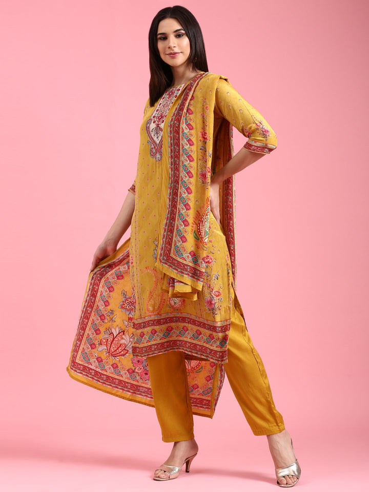 Mustard Crepe Printed Three Piece Suit Set