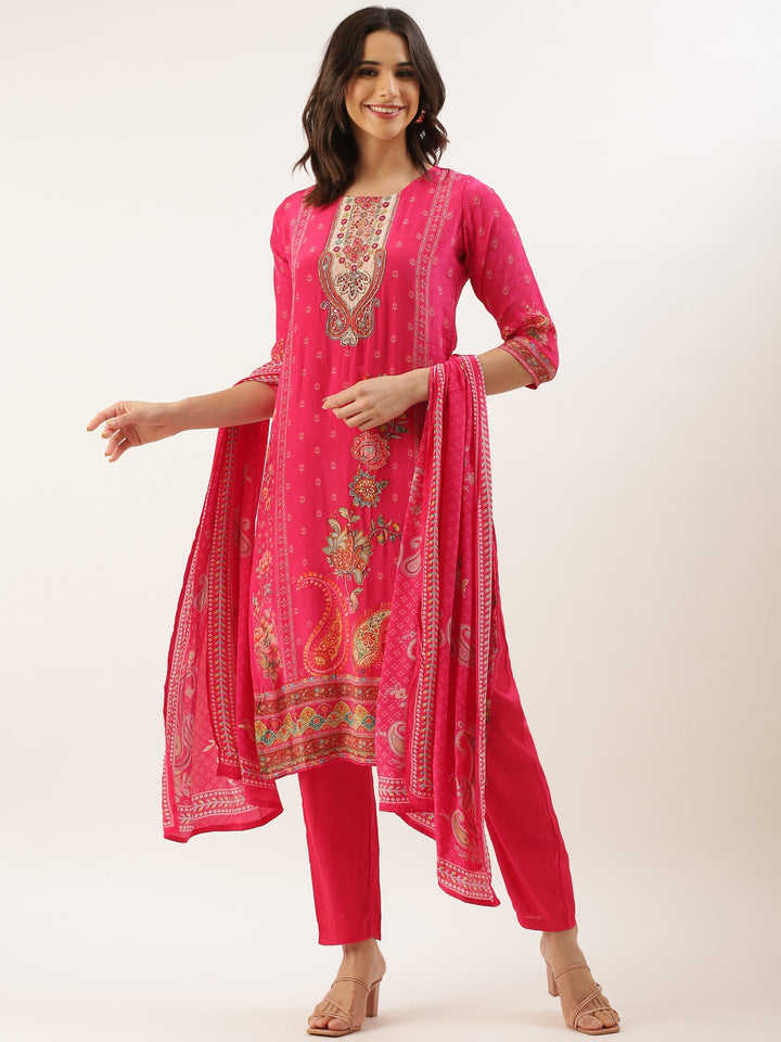 Rani Pink Crepe Printed Three Piece Suit Set