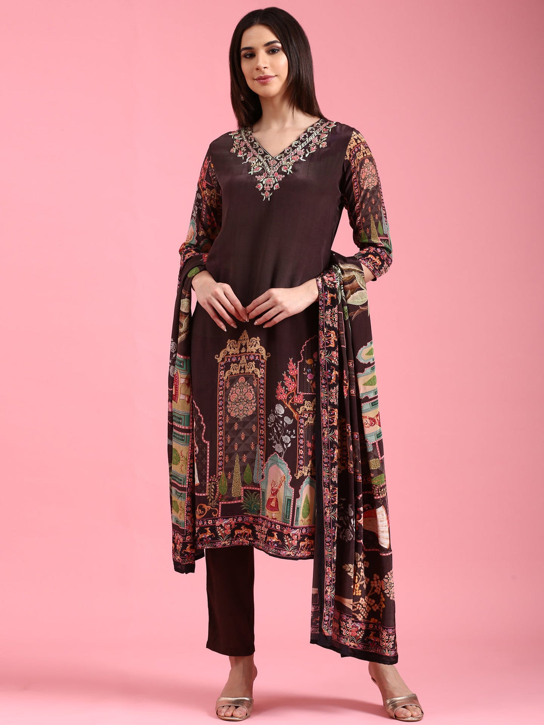 Neerus Black crepe hand embroidered suit set - front view