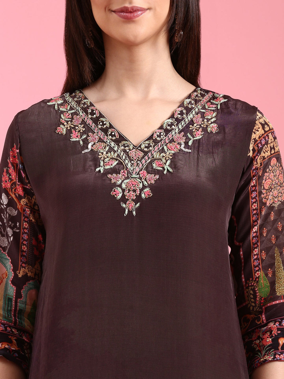 Neerus Black crepe hand embroidered suit set - detail view 1