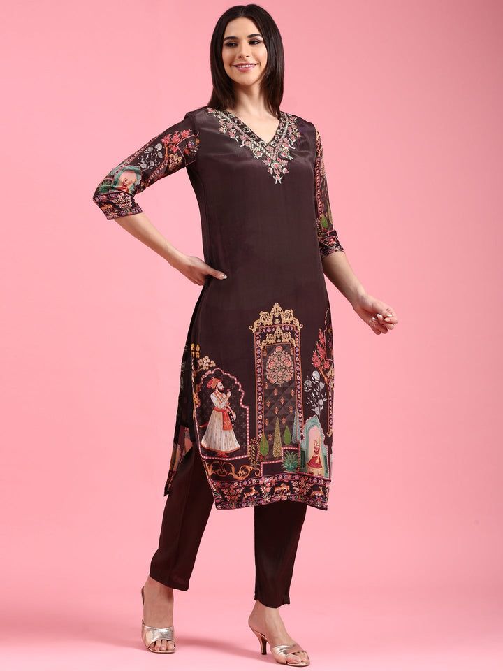 Neerus Black crepe hand embroidered suit set - back view
