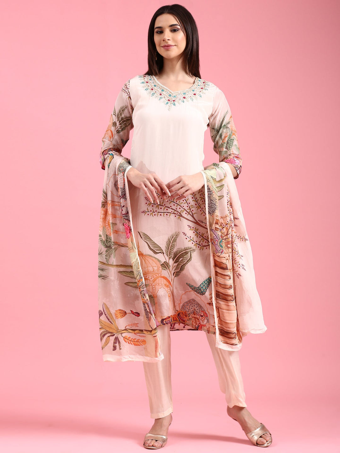 Neerus Beige crepe embroidered suit set - front view