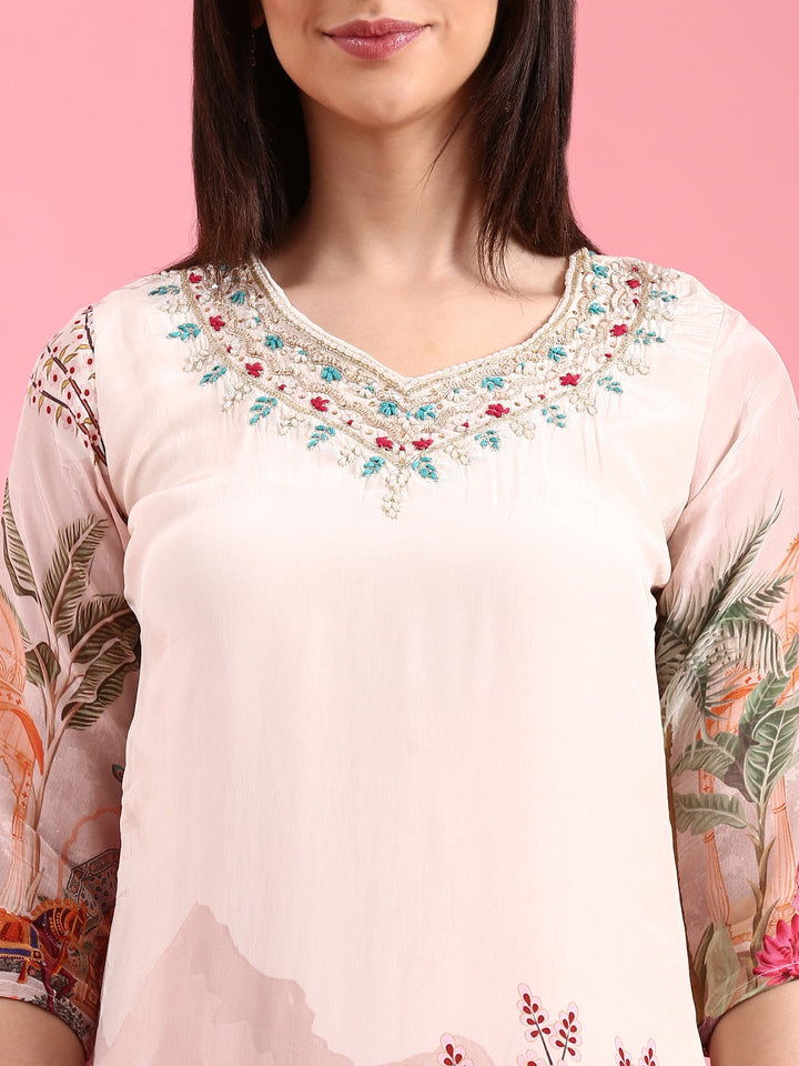 Cream Crepe Printed Embroidery Three Piece Suit Set