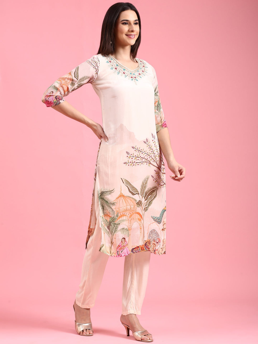 Neerus Beige crepe embroidered suit set - back view