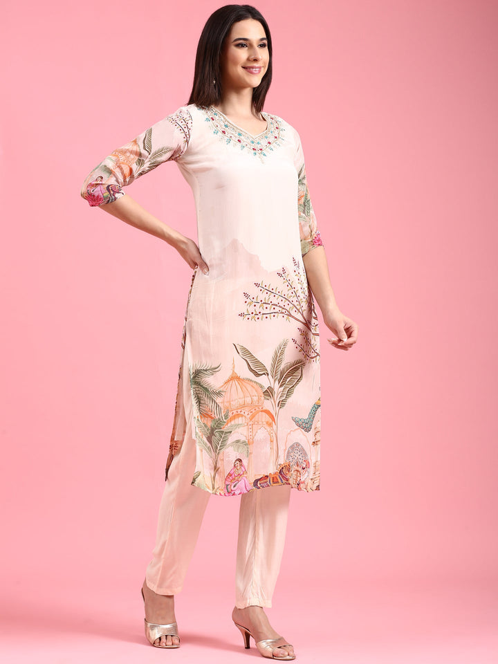Neerus Beige crepe embroidered suit set - back view