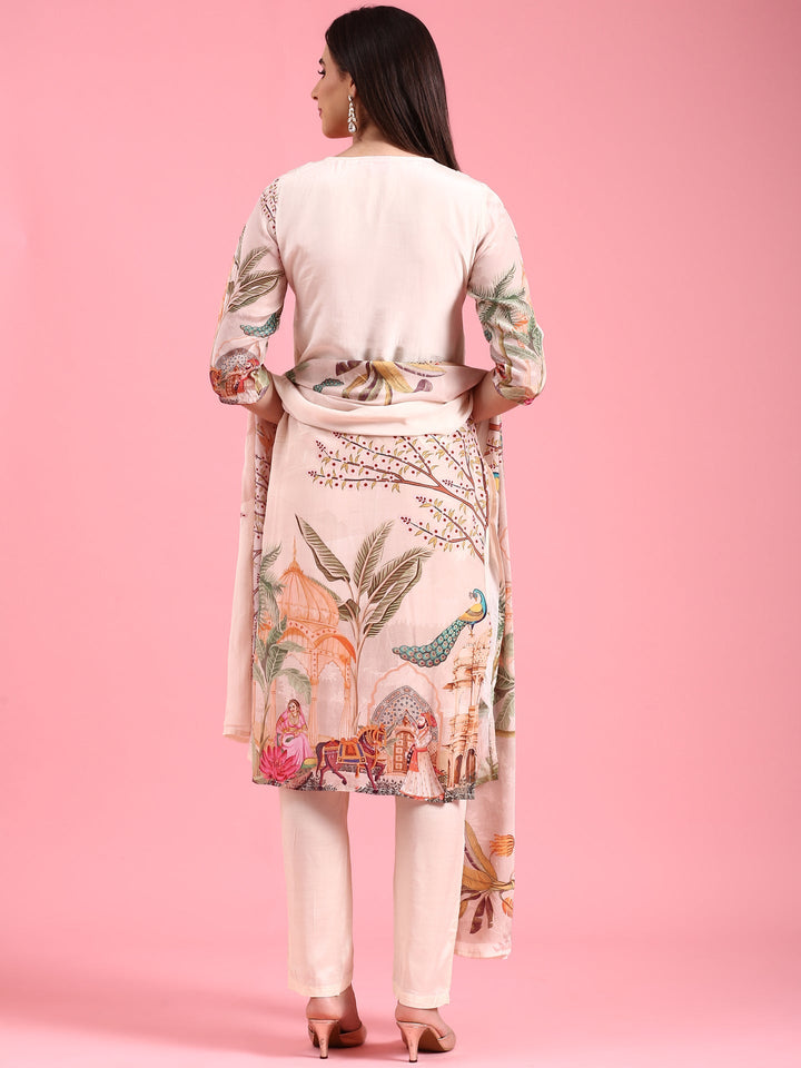 Cream Crepe Printed Embroidery Three Piece Suit Set