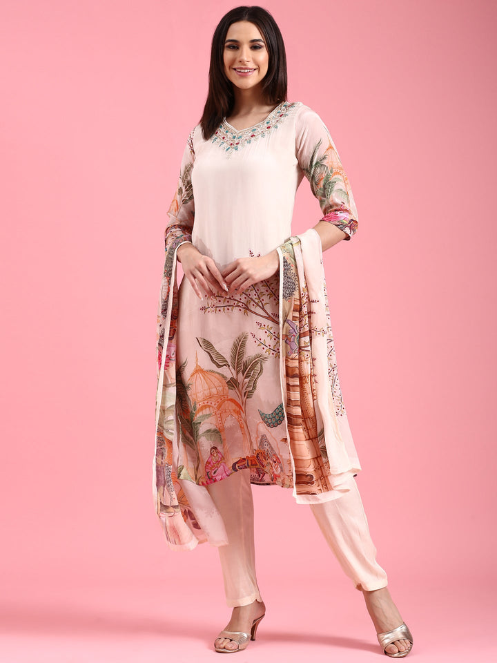 Cream Crepe Printed Embroidery Three Piece Suit Set