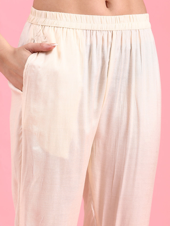 Cream Crepe Printed Embroidery Three Piece Suit Set