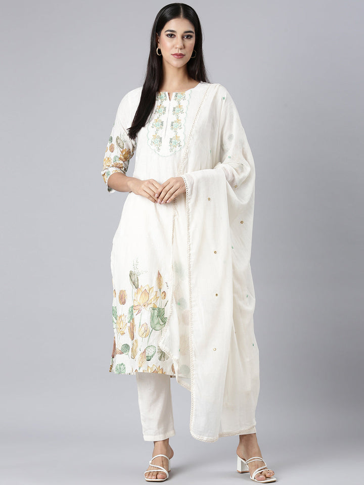 Neerus White Printed Straight Kurta and Trousers With Dupatta