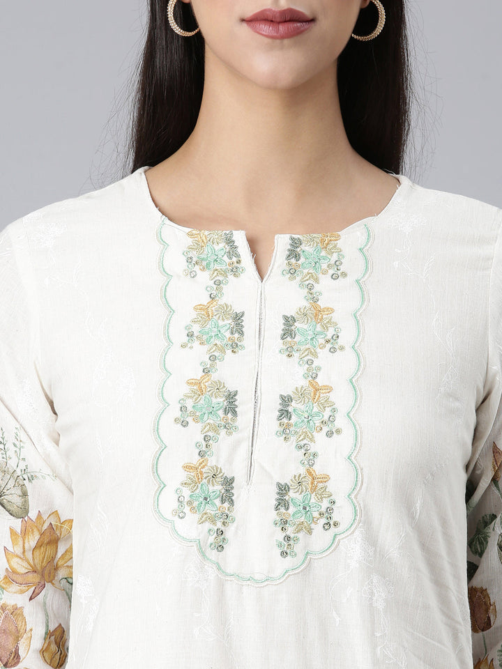 Neerus White Printed Straight Kurta and Trousers With Dupatta