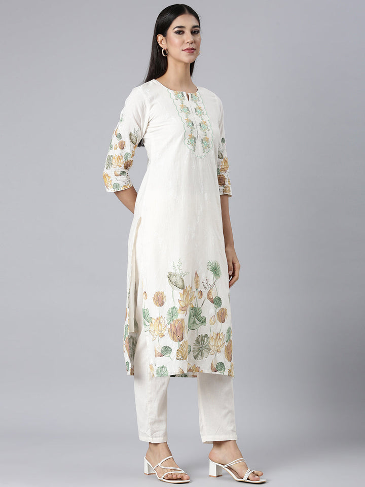 Neerus White Printed Straight Kurta and Trousers With Dupatta
