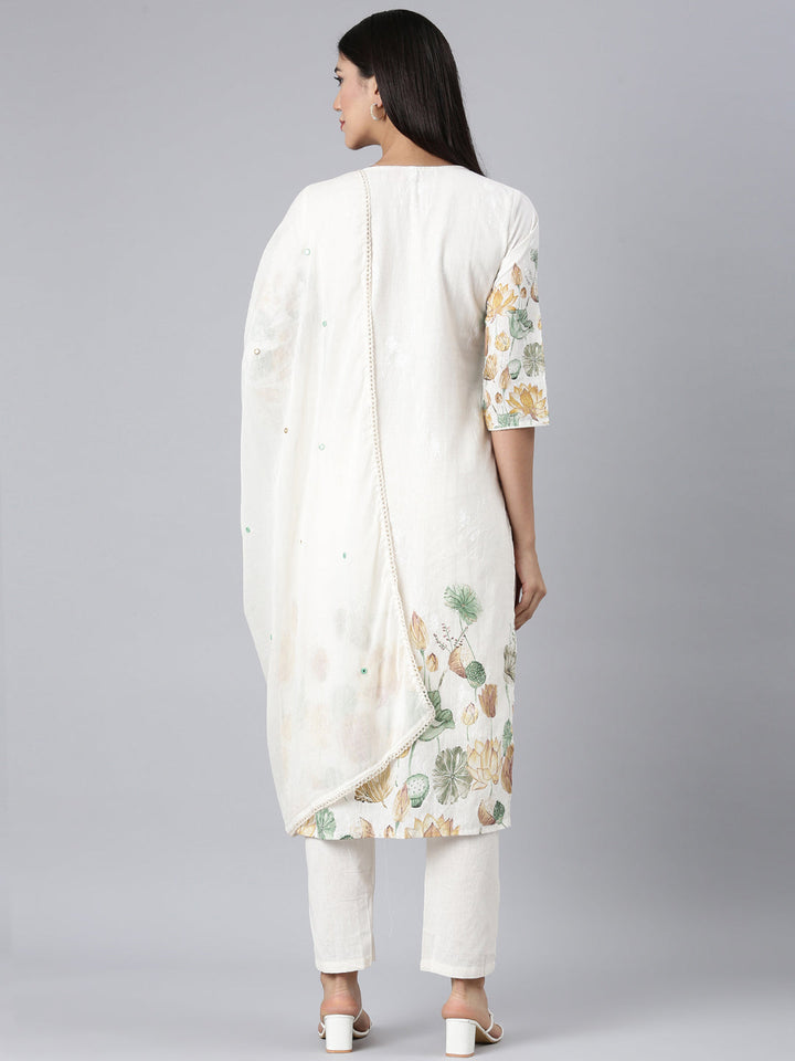 Neerus White Printed Straight Kurta and Trousers With Dupatta
