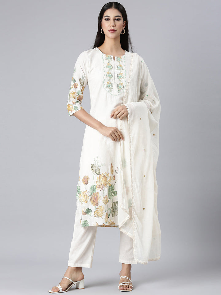 Neerus White Printed Straight Kurta and Trousers With Dupatta