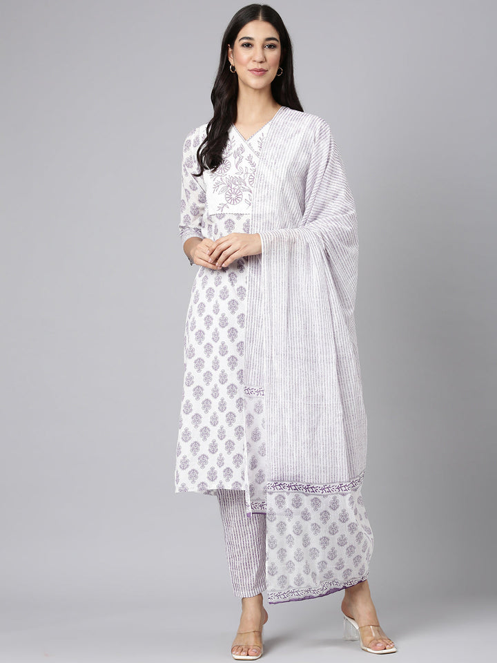 Neerus Lavender Printed Straight Kurta and Trousers With Dupatta