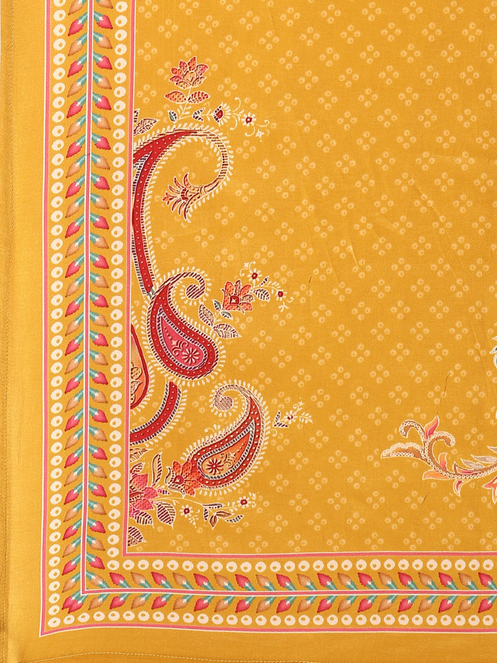 Mustard crepe embroided digital prited three piece suit set