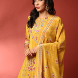Mustard crepe embroided digital prited three piece suit set