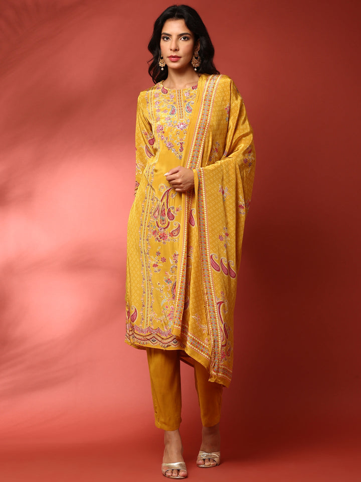 Mustard crepe embroided digital prited three piece suit set